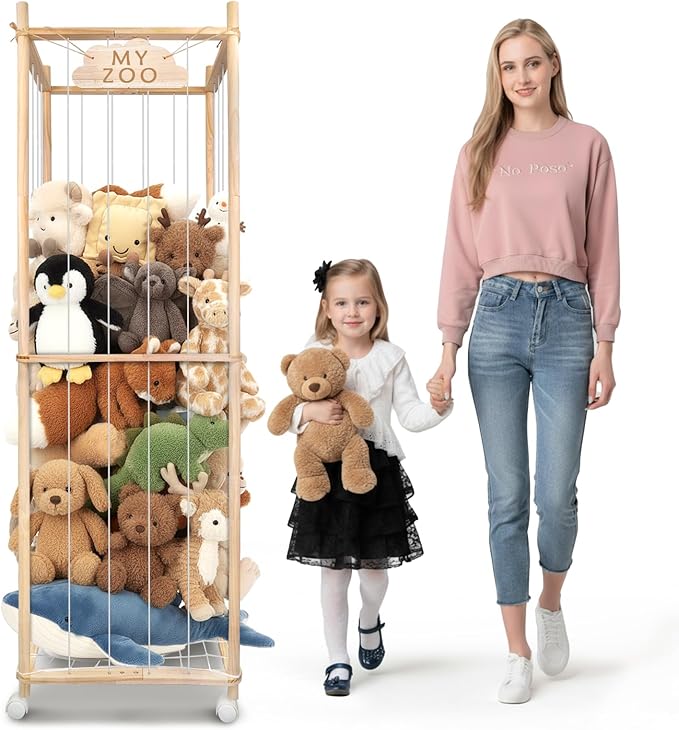 Stuffed Animal Storage Zoo with Wheels, 64" Wooden Large Stuff Animals Plushies Holder Toy Organizer Kids Plush Storage Cage with Elastic Band and Net for Nursery Playroom Corner for Toddler