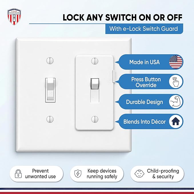 eLock Switch Guard for Toggle Switches | Child Proof Light Switch Lock with ON/OFF Push Button | Made in USA | Protect Devices, TV's, Security Camera, Gas Fireplace | Safety Cover | Ivory | 2 Pack