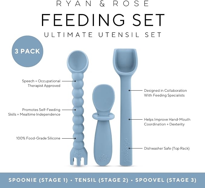 Ryan & Rose Ultimate Baby Utensil Set of 3 Silicone Baby Spoons Silicone feeding set for baby led weaning, self feeding 6 months, toddler utensils (Oxford)