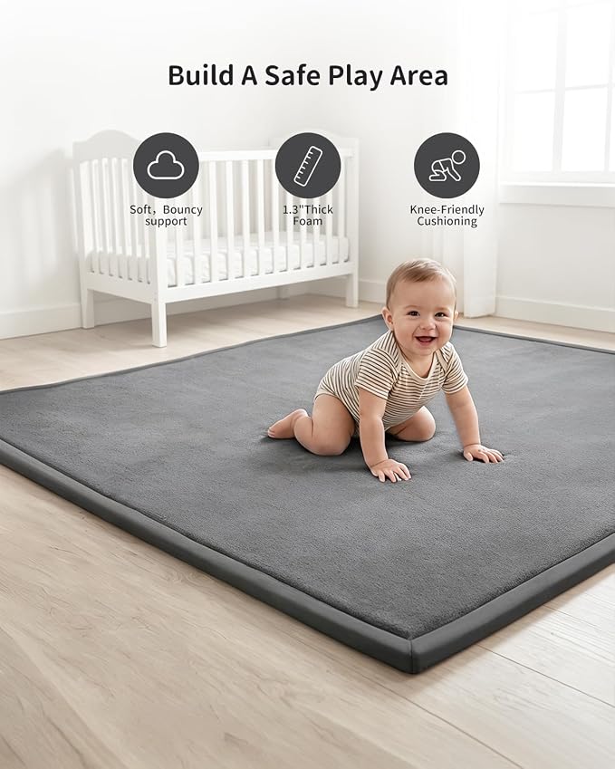 Goyuu Ultra Soft 1.3" Thick Baby Play Mat for Floor, 71x79 Playpen Mat Elasti-Foam Padded Crawling Mat for Babies, Toddlers, Infant, Kids, Non-Slip Backing Safe for Tummy Time, Grey