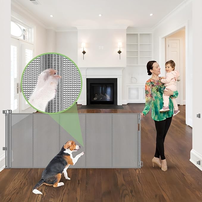 96 Inch Wide Reinforced Retractable Dog Gate with Support Rods - Prevent Crawling Under, Extra Long Retractable Baby Gate Large Dog Gate Indoor/Outdoor Retractable Pet Gate, Gray