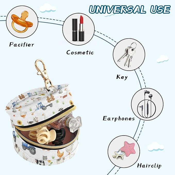 Farm Animals Tractors Baby Pacifier Holder Case with Clip Portable Pacifier Storage Organizer Round Container Pouch Box Fits Diaper Bag Stroller Purse