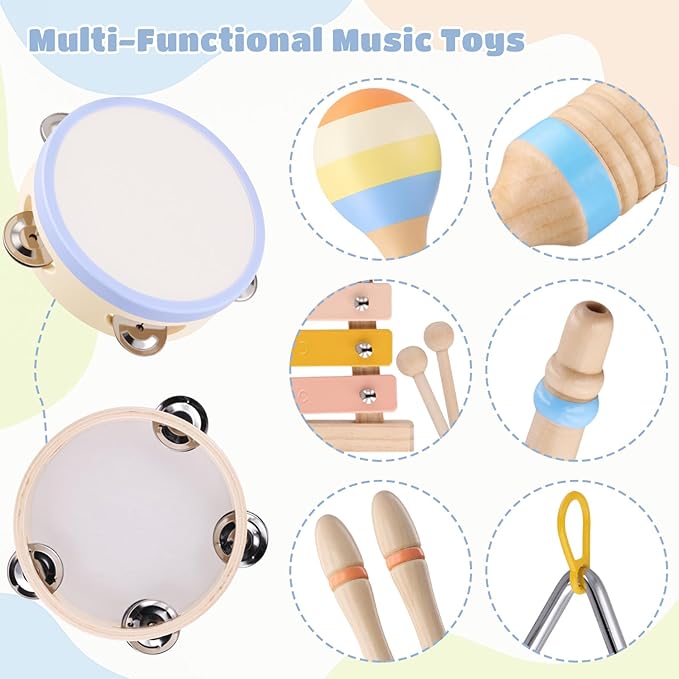 Baby Musical Instruments, Montessori Wooden Musical Toys for Toddlers 1??, Xylophone Tambourine Triangle Maracas, Wooden Baby Instruments, Kids Preschool Educational Toys, Birthday Gift for Boys Girls