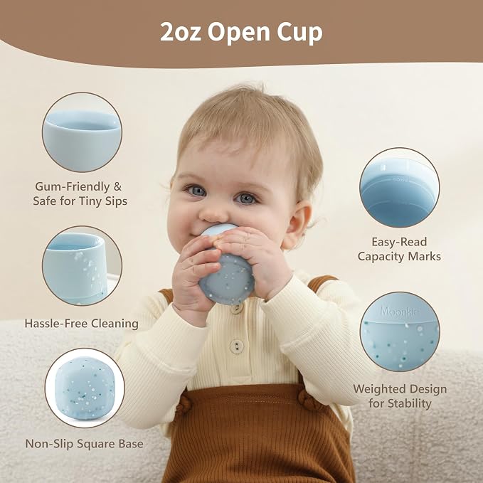 Moonkie Baby Cups Set | Baby Open Cup + Silicone Straw Cup for Infants | Tiny Cup & Toddler Training Cup | 4-18 Months | BPA-Free