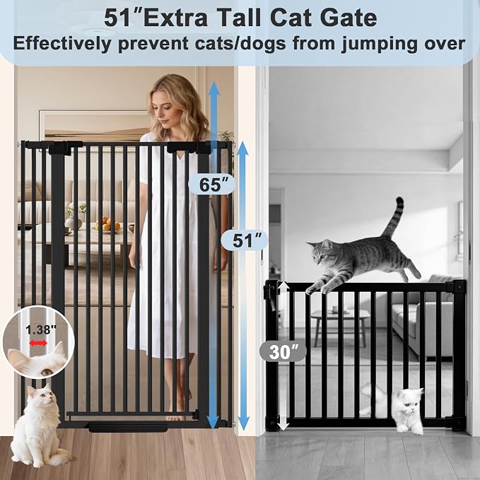 51" Extra Tall Cat Gate for Doorway/Hallway, 30-62.5" Wide，Pressure Mounted Pet & Dog Gates Walk Through, Cat Fence Indoor No Drilling，Auto Close,Black