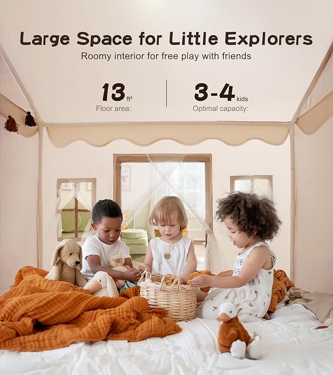 Play Tent with Mat, Star Light, Large Kids Playhouse with Windows Easy to Wash, Indoor and Outdoor Play Tents for Kids, Little Dove Toys for Girls, Boys, 52x35x52 (Beige Playhouse, Large Size)