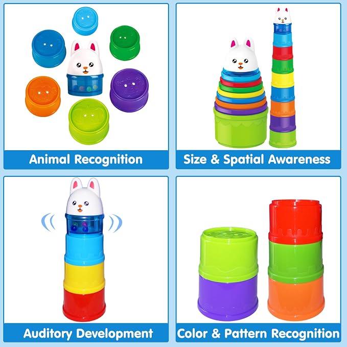 WEEJOYGAM Baby Stacking Cups, Nesting Stacking Toys for Toddlers 1-3 Montessori Toys for 1 Year Old Gift, Kid Water Bath Toys for Babies 6-12 Months Developmental Cause and Effect Color Sorting Blocks