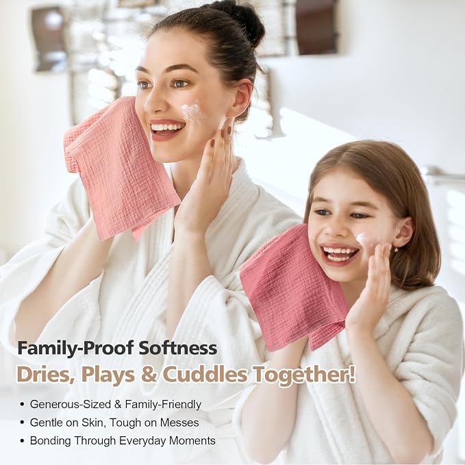 MUKIN Baby Washcloths,Muslin Burp Cloths Towels for Newborns,Absorbent Cotton Bath Face Towel ，5 Pack, 12x12 Inches (Rosy Embrace)