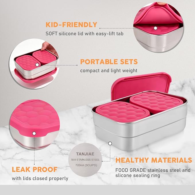 Tanjiae Stainless Steel Lunch Box for Kids | Leak Proof 304 Stainless Steel Snack Containers with Silicone Lids - Perfect Metal Food Containers Set for Kids and Toddlers (25oz+8oz*2)