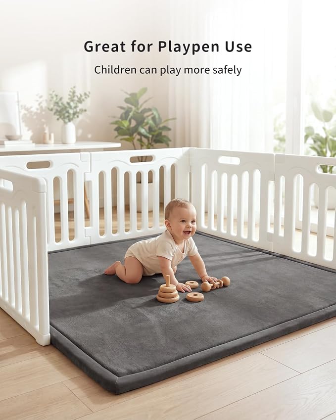 Goyuu Ultra Soft 1.3" Thick Baby Play Mat for Floor, 79x118 Playpen Mat Elasti-Foam Padded Crawling Mat for Babies, Toddlers, Infant, Kids, Non-Slip Backing Safe for Tummy Time, Grey
