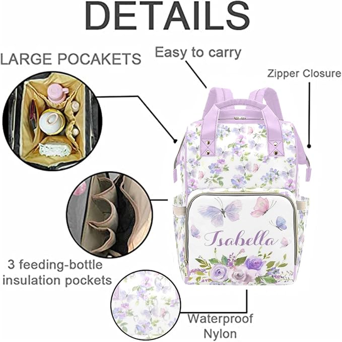 Personalized Diaper Bag Customized Floral Purple Butterfly Waterproof Nursing Bags Custom Mommy Daypack with Name for Travel Outside Daily Use