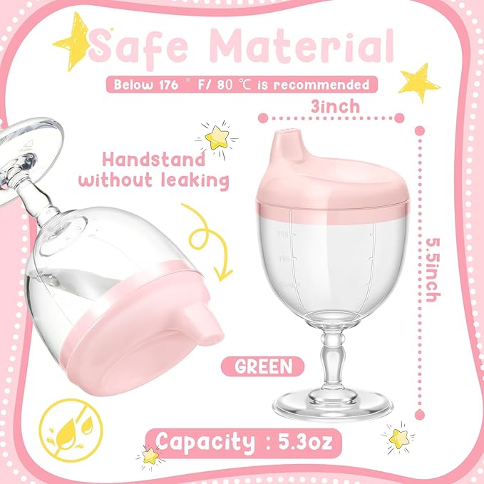 Irenare 1 Pcs Baby Wine Sippy Cup Plastic Goblet Cup No Spill Wine Glass Baby Sippy Goblet Glass Beverage Mug Milk Bottle with Lid for Kids (Pink)