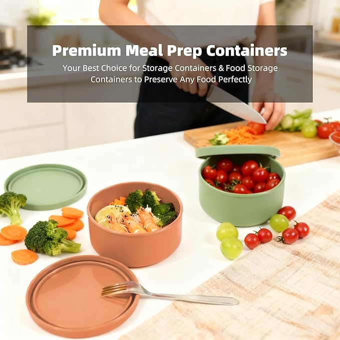 24fl oz (700ml) Silicone Food Storage Containers,Round Bowls with Lids - Meal Prep Containers for Kitchen Serving, Salad & Lunch - Airtight, Microwave/Fridge/Dishwasher Safe, BPA-Free (Grass green,1P)