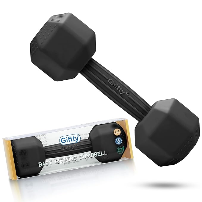 Baby Dumbbell - Silicone Infant Rattle Teether, Toddler Sensory Toy, Durable Safe Exercises Workout Weight - Great Gift for Girls and Boys (1pcs - Black)