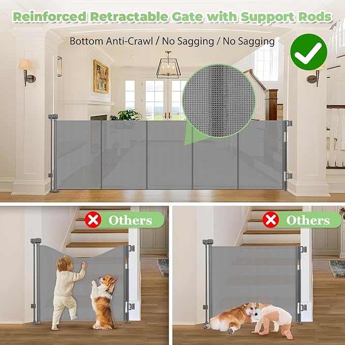 Reinforced 37" Tall x 155" Extra Wide Retractable Baby Gates with Reinforced Rods, 13ft Extra Wide Dog Gate ??Prevents Crawling Under, Retractable Pet Gate Retractable Fence Garage Gates for Dogs/Gray