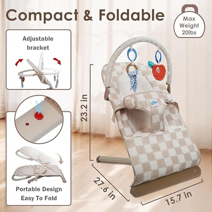 Tiny Marvels Baby Bouncer Seat 0–12 Months, Ergonomic Portable Design with 3-Point Harness, Soothing Music & Removable Bar, Foldable Baby Seat for Newborns & Toddlers Under 20 lbs