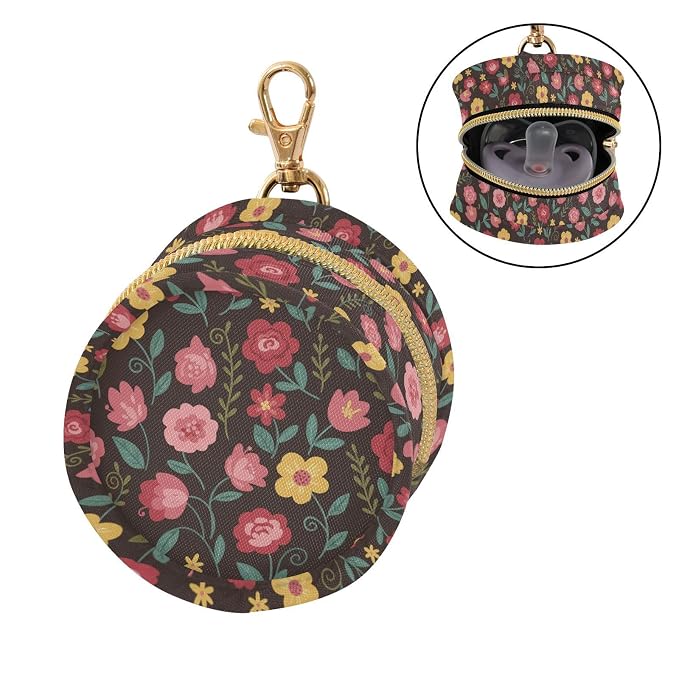 Colorful Flowers Leaves Brown Print Pacifier Holder Case for Diaper Bag Portable Travel Pacifier Storage Case with Clip Newborn Baby Pouch for Baby Boys Girls Outdoor Purse