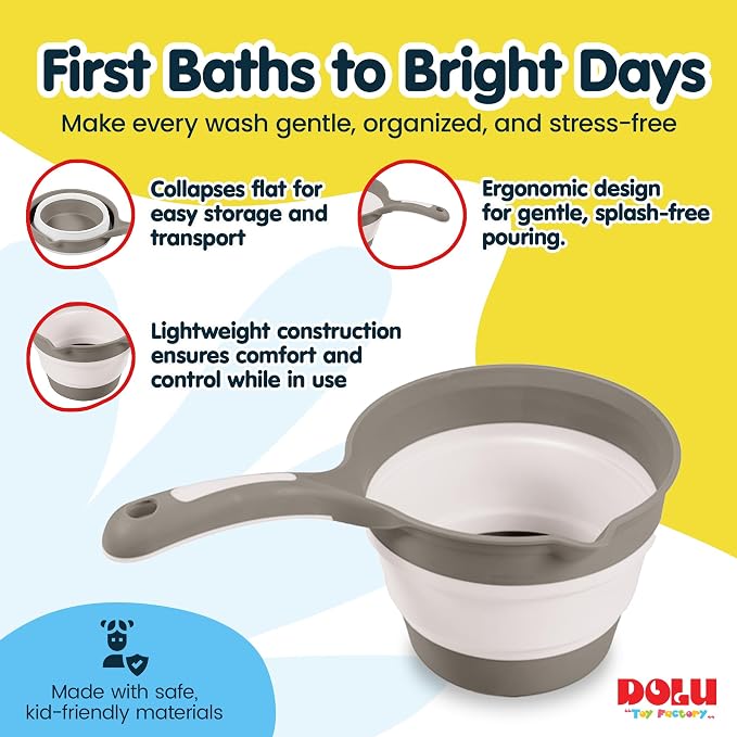 DOLU Foldable Bath Ladle for Compact Toddler Wash Tub, Portable and Space Saving Design Ideal for Ages 6 Months and Older, Grey