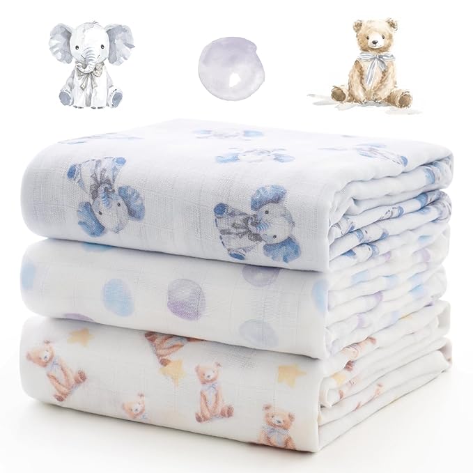 Momcozy Muslin Swaddle Blankets, Breathable and Skin-Friendly Receiving Blankets, Best Wishes Swaddle Blanket Shower Gifts & Baby Registry Essentials, Large 47"x47", Cuddle Buddies