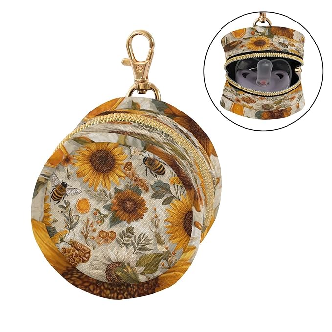 Pacifier Holder with Clip Pacifier Case for Diaper Bag Round Baby Pacifier Pouch Box Bag Portable Vintage Bees Sunflowers Daisy