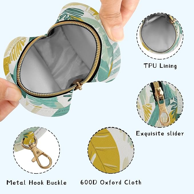 Pacifier Holder with Clip Pacifier Case for Diaper Bag Round Baby Pacifier Pouch Box Bag Portable Palm Leaves White
