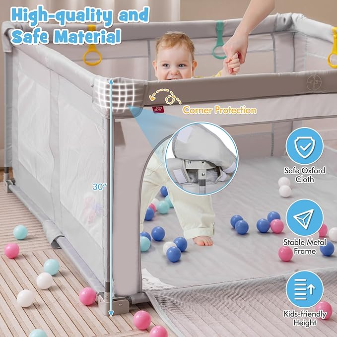 Costzon Foldable Playpen for Babies, 59''x59'' Portable Baby Play Pen with 50 PCS Ocean Balls, 4 Handles, Carry Bag, Visible Mesh, Kids Activity Center with Gates, Indoor & Outdoor Baby Gate Play Pen