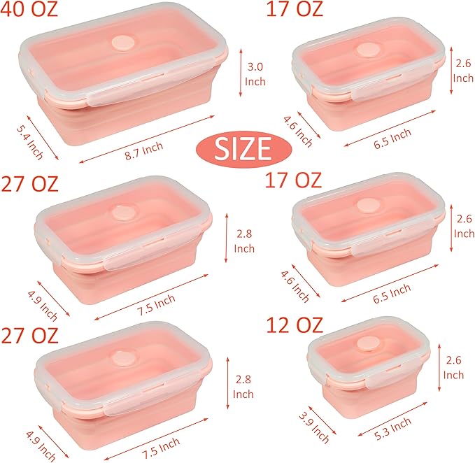Plus 6PCS Foldable Silicone Food Storage Containers for Kitchen Storage for Leftovers Fruits and Meal Prep Dishwasher Safe Microwave Safe Ideal for Home and Travel (Pink, square)