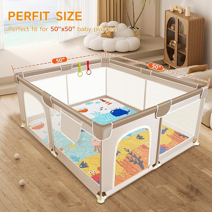 Baby Play Mat - Thicken 50x50 Inch Soft Foam Crawling Mat for Playpen & Floor, Non-Slip Waterproof Playmats for Infants & Toddlers, Portable Foldable & Machine Washable, Ocean World