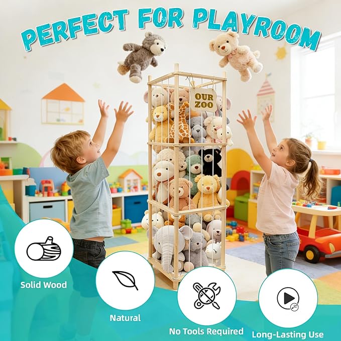 Art3d Large Stuffed Animal Storage, 54" Tall Wooden Stuffed Animal Organizer & Holder, Space Save Toy Storage Zoo for Toddler Room, Playroom & Bedroom