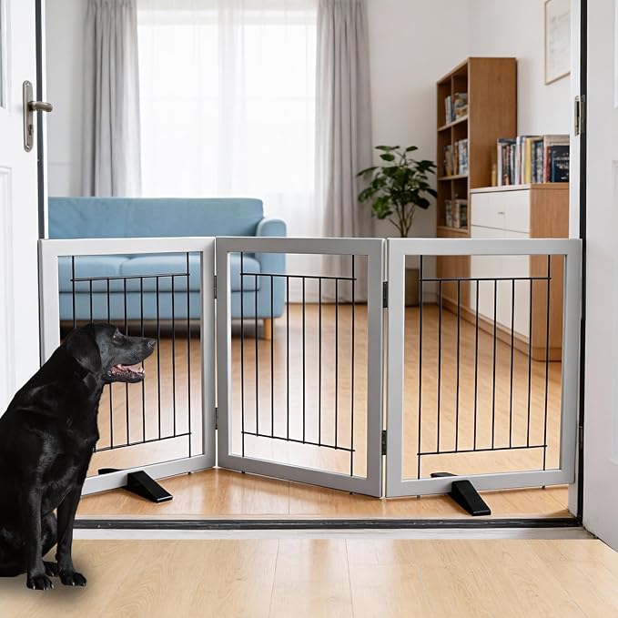Dog Fence Indoor - 3-Panel Freestanding Dog Gate for Doorways, Hallways, House or Stairs -60x24-Inch Retractable Foldable Expandable Wood Pet by SFJC (Grey)