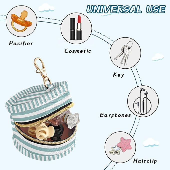 Teal Stripes Pacifier Holder Case Newborn Pacifier Storage Pouch for Boys Girls Easy Attach to Diaper Bag Portable Baby Essentials Container