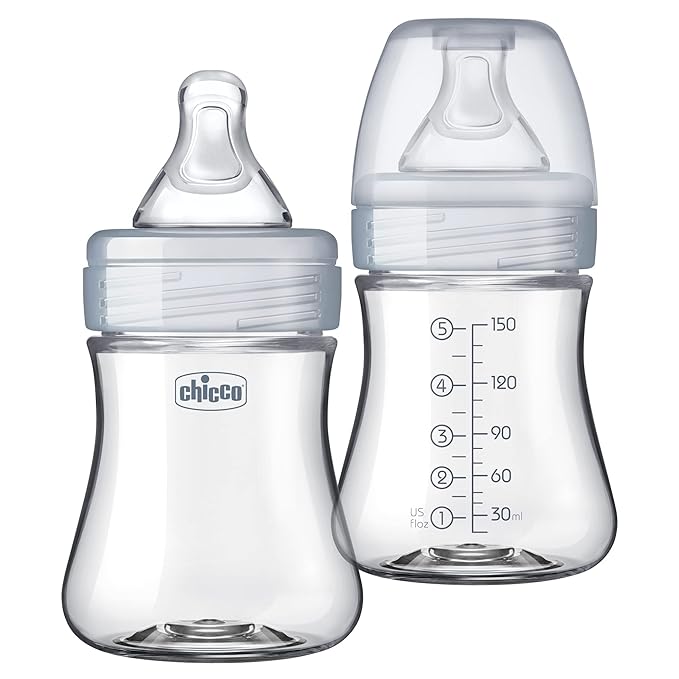 Chicco Duo 5oz Hybrid Baby Bottle, Real Glass Inside, Lightweight Plastic Outside, Patented Invinci-Glass Technology, Intui-Latch Nipple, 2-Pack, Clear/Grey