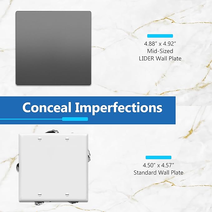 LIDER Double Blank Wall Plate, Temperature and Impact Resistant, UL Listed, Polycarbonate Thermoplastic, Screwless Design, Matte Finish, Modern Upgrade, Midsize, 2-Gang, 4.88??x 4.92?? Space Gray, 10