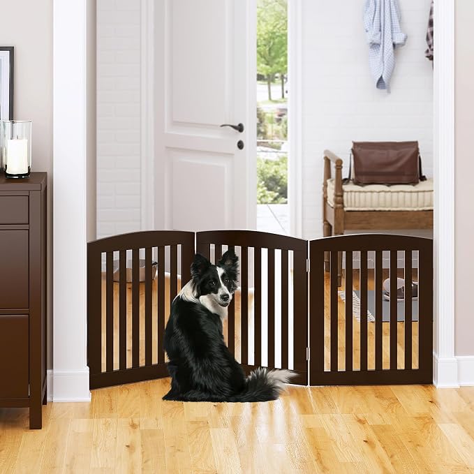 PAWLAND Wooden Freestanding Foldable Pet Gate for Dogs, 24 inch 3 Panels Step Over Fence, Dog Gate for The House, Doorway, Stairs, Extra Wide (Espresso, 24" Height-3 Panels)