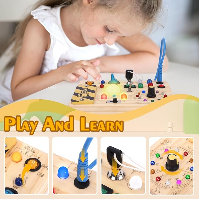 Hoarosall Montessori Toys Clock Wooden Busy Board with 11 LED Light switches, Tooddler Sensory Travel Toys for 1+ Year Old Baby and Toddler