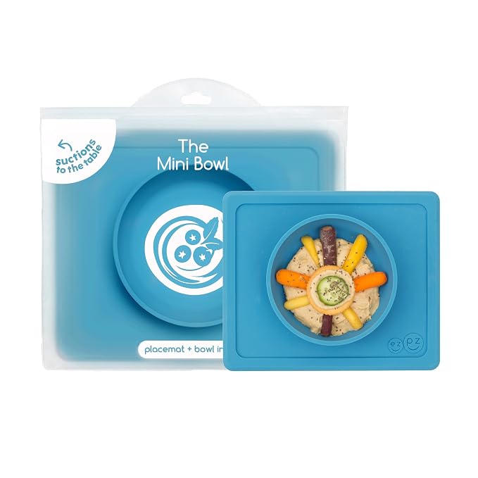ezpz Mini Bowl (Blue) - 12 Months+ - 100% Silicone Suction Placemat + Bowl for Toddlers - Comes with a Reusable Travel Bag