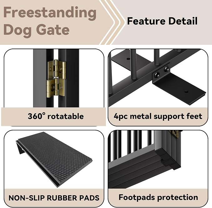 SNUOWU Full Metal Freestanding Dog Gate with Door, 32''Height Foldable Pet Dog Fence for Indoor & Outdoor, 4 Panels Extra Wide Free Standing TallDog Gates for Doorways,House,Stairs,Porch,Deck,Yard