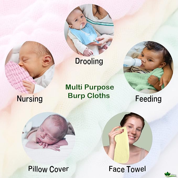 Muslin Baby Burp Cloths, 100% Muslin Cotton Burp Napkins for Newborn Girls and Boys, Absorbent Soft Muslin Baby Burping Rags 10' by 20', 6 Layers Infant Feeding Wipes (Multicolored, Pack of 5).