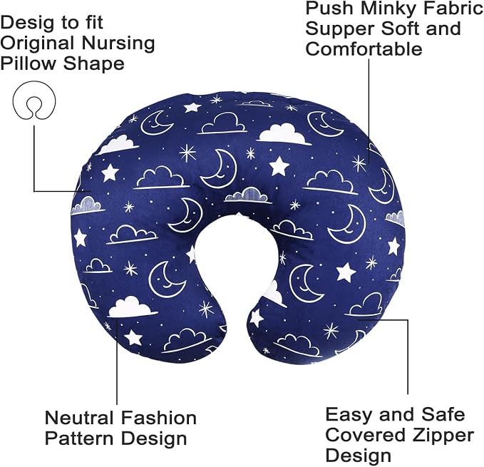 IBraFashion Nursing Pillow Cover Fits for Boppy Nursing Pillow Original, Nursing Slipcovers for Breastfeeding Mom Breathable & Skin-Friendly, Navy Blue Stars and Clouds Nursing Covers