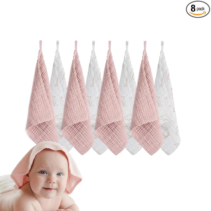 Muslin Baby Washcloths for Newborns, Pack of 8, 11"x11", Super Soft Cotton, Absorbent and Gentle, Baby Cotton Wipes, Baby wash Cloths