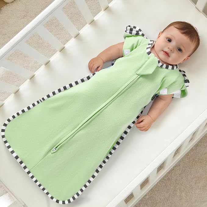Soft Cotton Swaddle Blanket, Arms Up Baby Sleep Sack, Wearable Sleep Bag for Boys Girls (Green + Grey, L(6-9 Months))