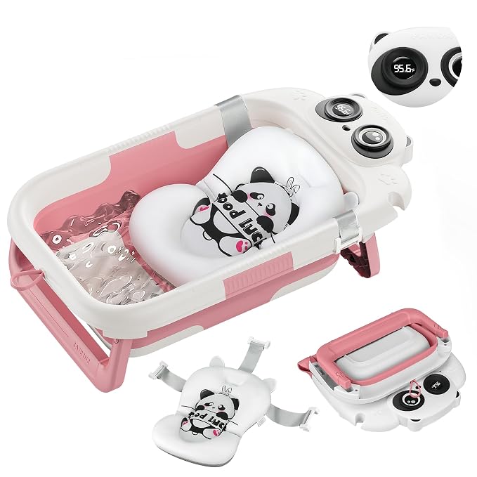 Foldable Baby Bathtub for Newborn to Toddler (0-24 Months), Portable Baby Bath Tub for Travel, Collapsible Baby Tub with Soft and Supportive Cushion (Panda-Pink)