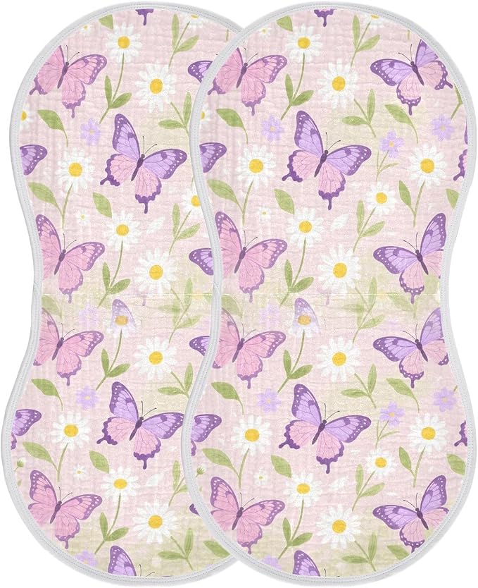 Purple Butterflies Muslin Baby Burp Cloths - Super Absorbent and Soft Burping Rags - Cotton Burp Clothes Set for Boys and Girls, 2 Pack