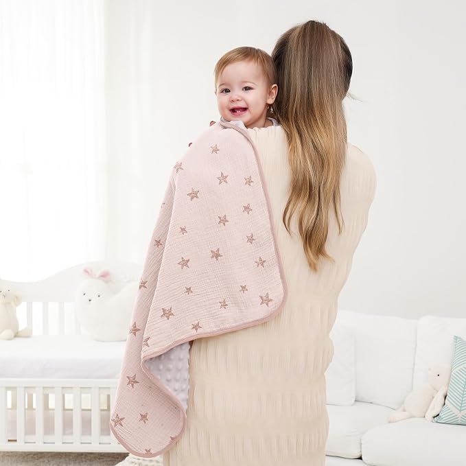Susurration Baby Blanket for Unisex Boys Girls, 2 Pack Soft Fluffy Crib Blankets with Muslin Cotton Front and Dotted Fleece Back, Receiving Blanket for Baby Newborn Infant, 30x40inch, Pink Star&Sand