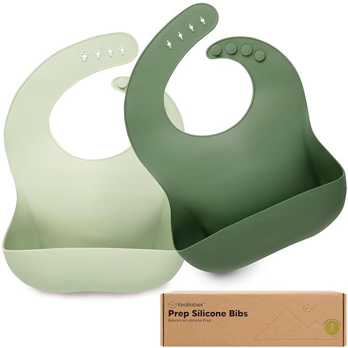 KeaBabies 2-Pack Silicone Bibs for Babies, Toddlers Girl, Boy ??Sturdy Food-Grade Baby Bibs for Eating, Large Food Catcher, Clean & Put On Easily, Waterproof Toddler Feeding Essentials (Forest)