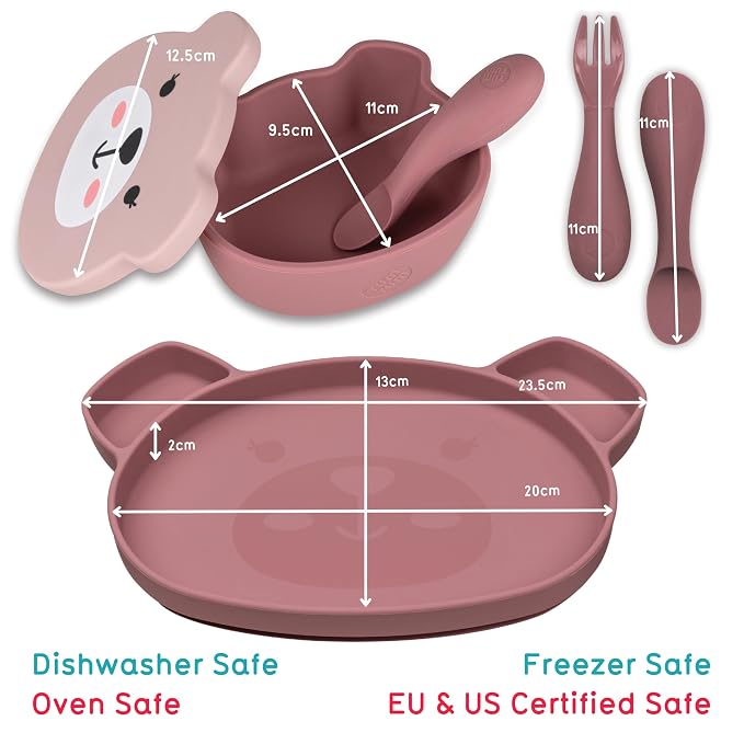 TUM TUM Baby Dinner Set for Weaning, Includes Silicone Suction Plate & Bowl, Baby Cutlery, 6 Months Plus, Dishwasher Safe, BPA Free (Betsy Bear)