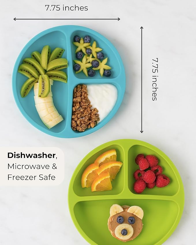 Hippypotamus Suction Plates with Lids for Babies & Toddlers - 100% Food-Grade Silicone - Microwave & Dishwasher Safe - Divided Dinnerware for Picky Eaters That Stays Put - Set of 3 (Pink)
