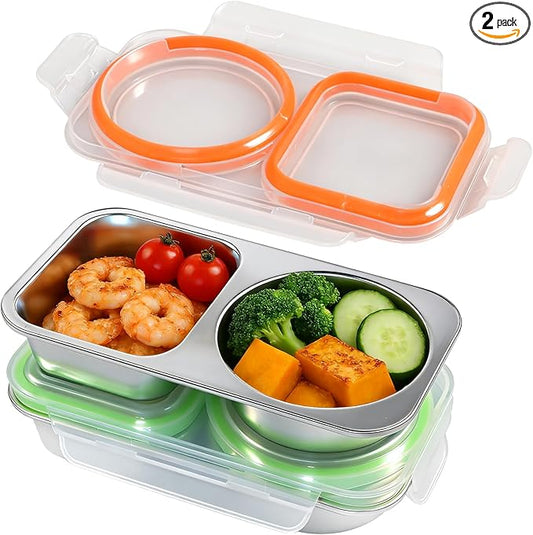 2 Pack Stainless Steel Snack Containers, 13 Oz Reusable Metal Snack Pack Containers 2 Compartment for Snack Meal Prep, Leak Proof Food Storage Container with Lids Lunch Box for Travel Camping Office