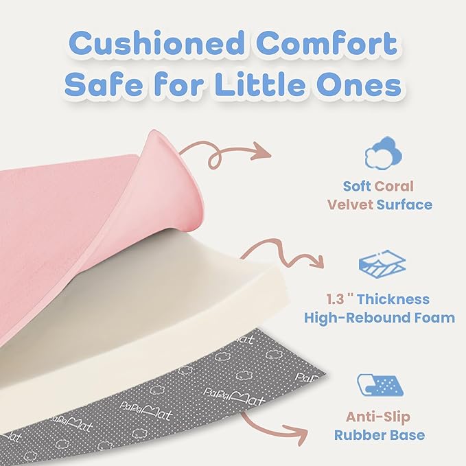 1.3" Thick Baby Floor Play Mat 50x50, Basic Padded Foam Mat for Tummy Time Crawling, Non Slip Cushioned for Babies Toddlers Infants Kids (Pink)