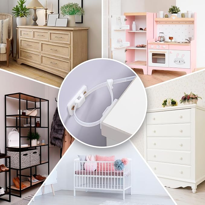 12 Pairs Furniture Anchors for Baby Proofing Anti Tip Child Safety Cabinet Straps to Help Furniture Secure to Wall Baby Proof Anchoring Kit for Shelf & Dresser to Protect Toddler Kid Pet Adjustable